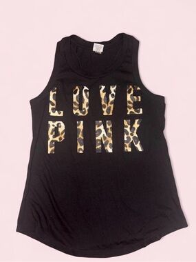 PINK Victoria's Secret Black Tank with Leopard Print 'LOVE PINK'